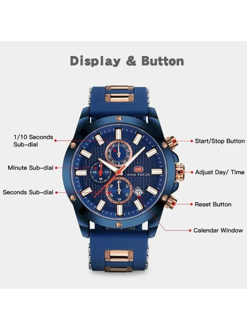Men Rose Gold And Blue Analog Quartz Waterproof Chronograph Stylish Casual Watch